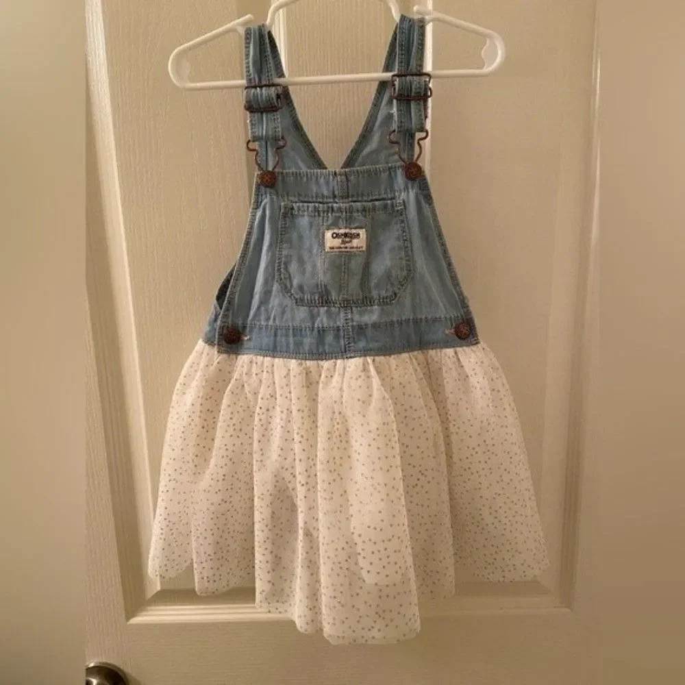 Oshkosh B'gosh Overall Dress Denim White Tulle Metallic Gold Polka Dots Size 4T